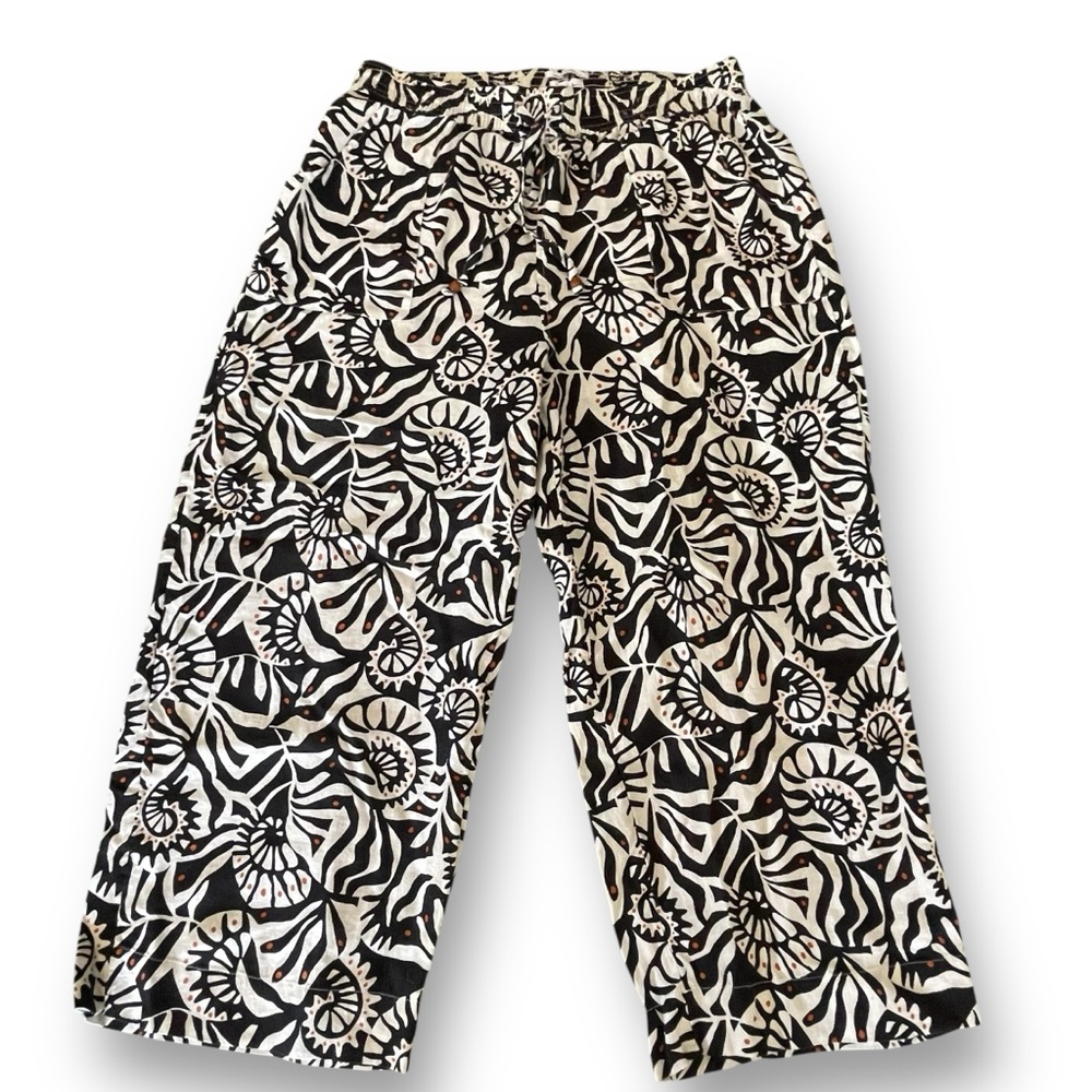 Nicole Miller Black Cream Zebra Print Linen Cropped Pants Women’s Size XL